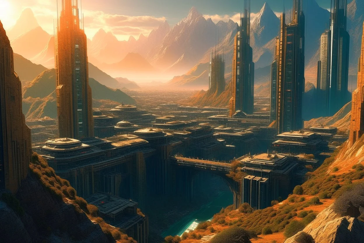 cyberpunk city, sunny day, valley, mountains, sci-fi, epic