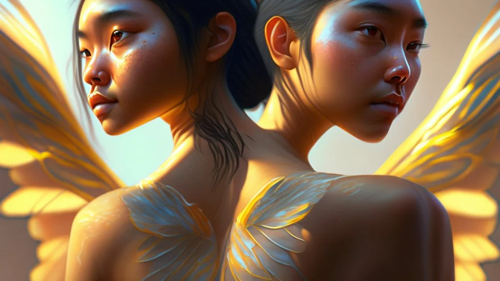 beautyfull asiatic woman, art by kiera malone , concept art modern photorealistic, in the style of , Artstation, sunlight, Unreal Engine sharp fine details trending on artstation reflections 4k ultra realistic post-processing A detailed illustration of a beautiful young female human with growing out of her back. Her skin, hair and face are all made of paint. Her wings are spread. Front view. Highly detailed flawless facial features and eyes. Abstract Oil painting splash art. White ba