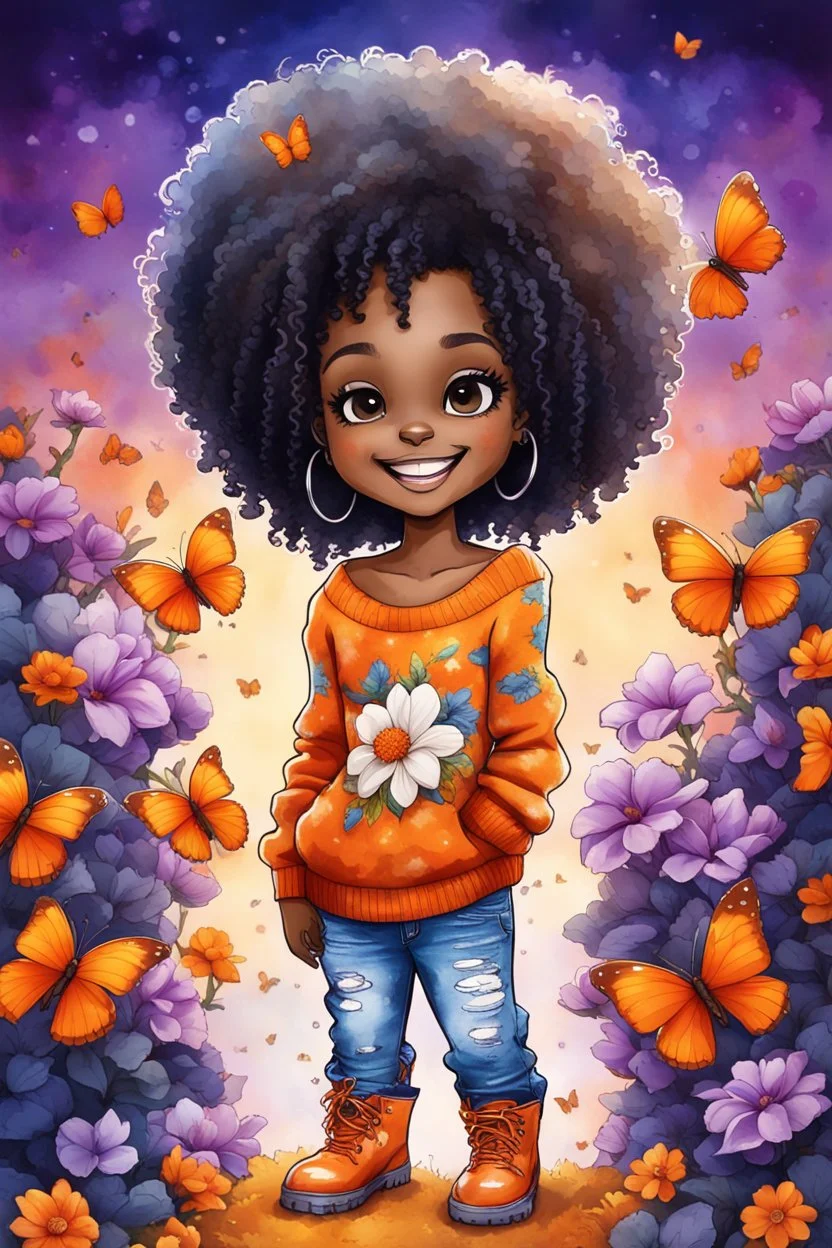 Create a detailed and abstract graffiti water color painting illustration of a chibi black thick female and curly tight afro. She is wearing a orange tie dye off-shoulder sweater, blue torn jeans, and orange-colored boots with fluffy white trim. SHe has a confident and cheerful expression, with large expressive eyes and a bright smile. background of orange and purple butterflies and magnolia flowers around her