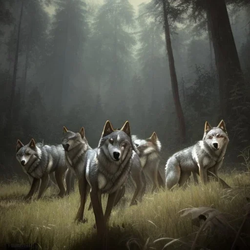 franz frazetta style, wolf pack in the forest clearing, night