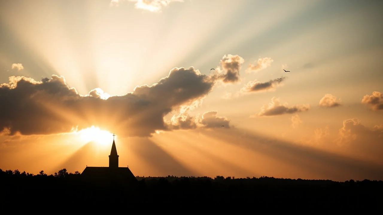 Hyper Realistic Church At The Far Bottom Left Corner Of The Image With Cloudy Sunrise With Sun rays casting from behind clouds of about 9 am with silhouettes of few birds flying showing dramatic & cinematic Ambiance.