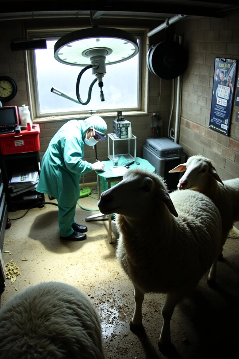 low res cctv footage of forbidden medical procedures preformed in a garage surounded by sheep with "Rabies"