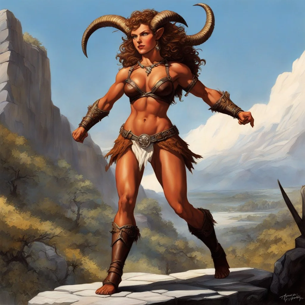 (art by Ray Harryhausen) female satyr, lean muscular build, sun-kissed skin, powerful goat-like legs, cloven hooves, chestnut curly hair, shoulder-length tangled locks, sharp amber eyes, jagged scar from collarbone to ribs, short polished horns, patchwork leather harness, bare midriff, predator's grace, swaying hips, dark humor in expression, unapologetic stance, predatory smirk, battle-worn but confident, fluid movement, her weapon in a scimitar, she stands in the pampa