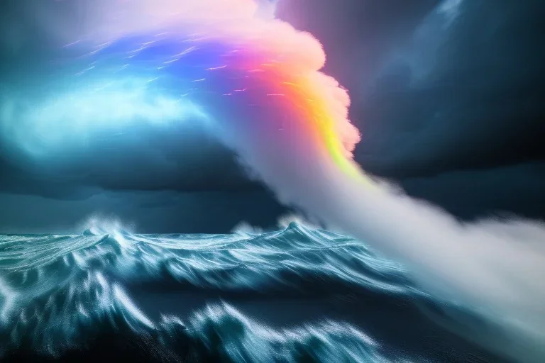 precise digital photo of a rgb random multicolour tornado made of smoke particles, over a stormy ocean, high waves colliding with the smoke, foam, intricate, 8k, extremely detailed, cgi, hyperrealistic render, volumetric lighting, impressive volumetric clouds, vitality colors, double precision