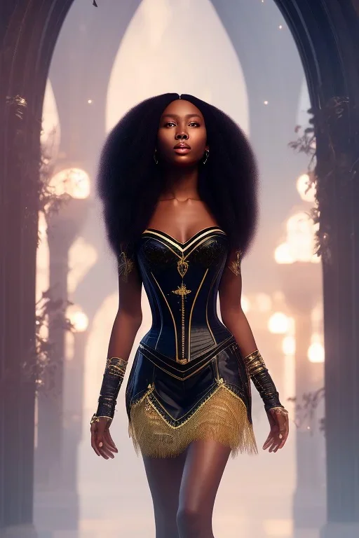 A portrait of a beautiful youthful black woman, wearing a black corset, long black hair, wizard, magical, ethereal, intricate bright lighting. Concept art by wlop. Ultra quality 8k.