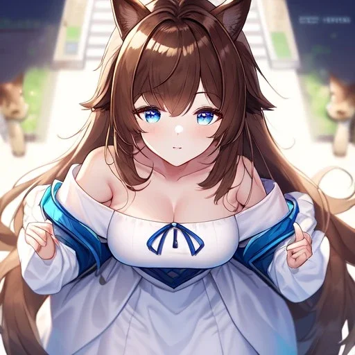 Clear focus, High resolution, Long fluffy brown hair, blue eyes, wearing a white skirt, detailed outfit, wearing a jacket oversized off shoulder, rough line, hair above ears, dog ears, off shoulder white shirt, chopped bangs