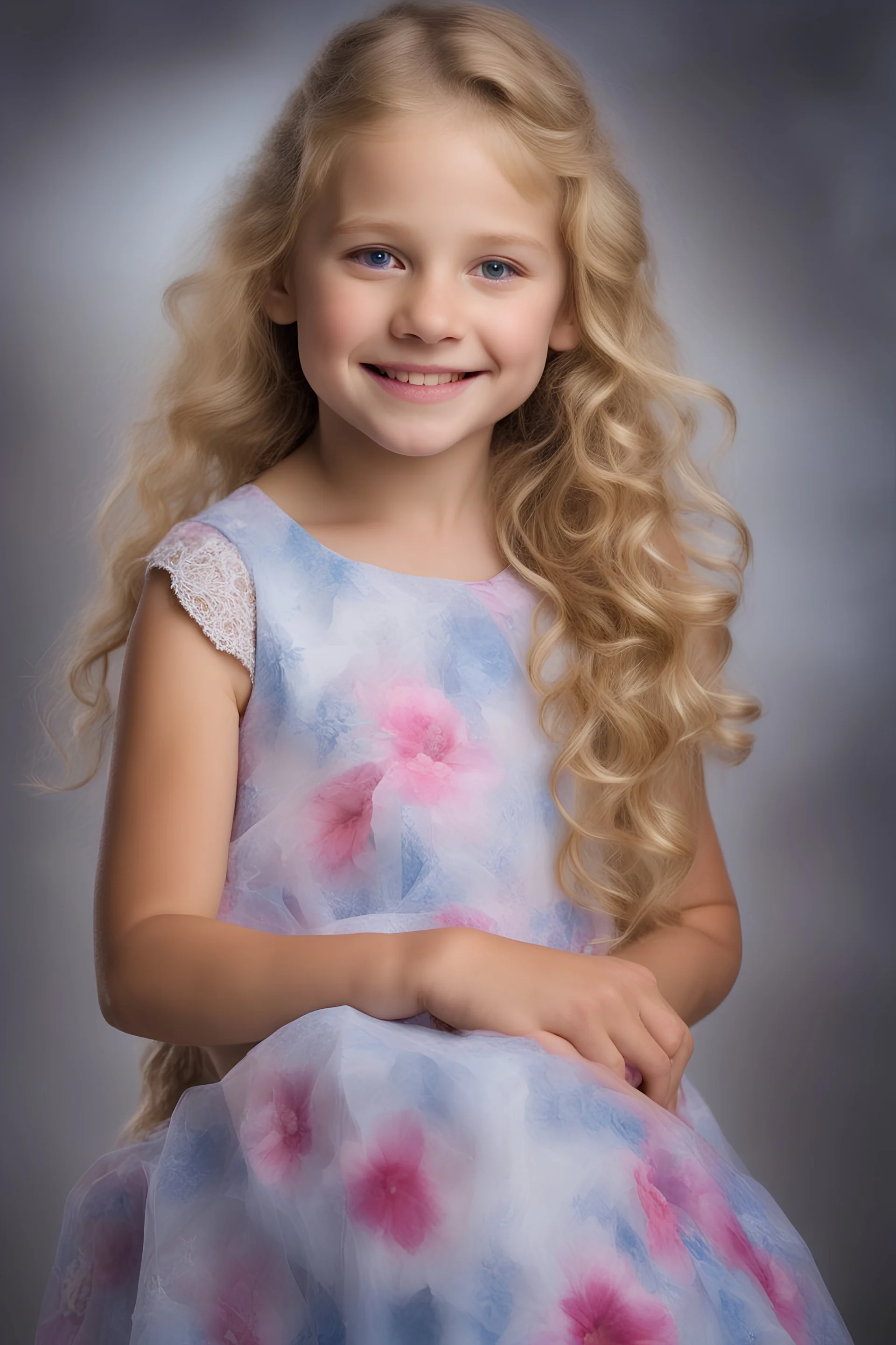 facial portrait - extremely beautiful 8-year-old girl, Long, wavy blonde hair, blue eyes, wearing a flowered dress, posing for her school pictures - smiling, facial makeup - gradated Background, professional quality studio 8x10 UHD Digital photograph, multicolored spotlight, Photorealistic, realistic stock photo, Professional quality Photograph. colored Fog - Multicolored lighting,