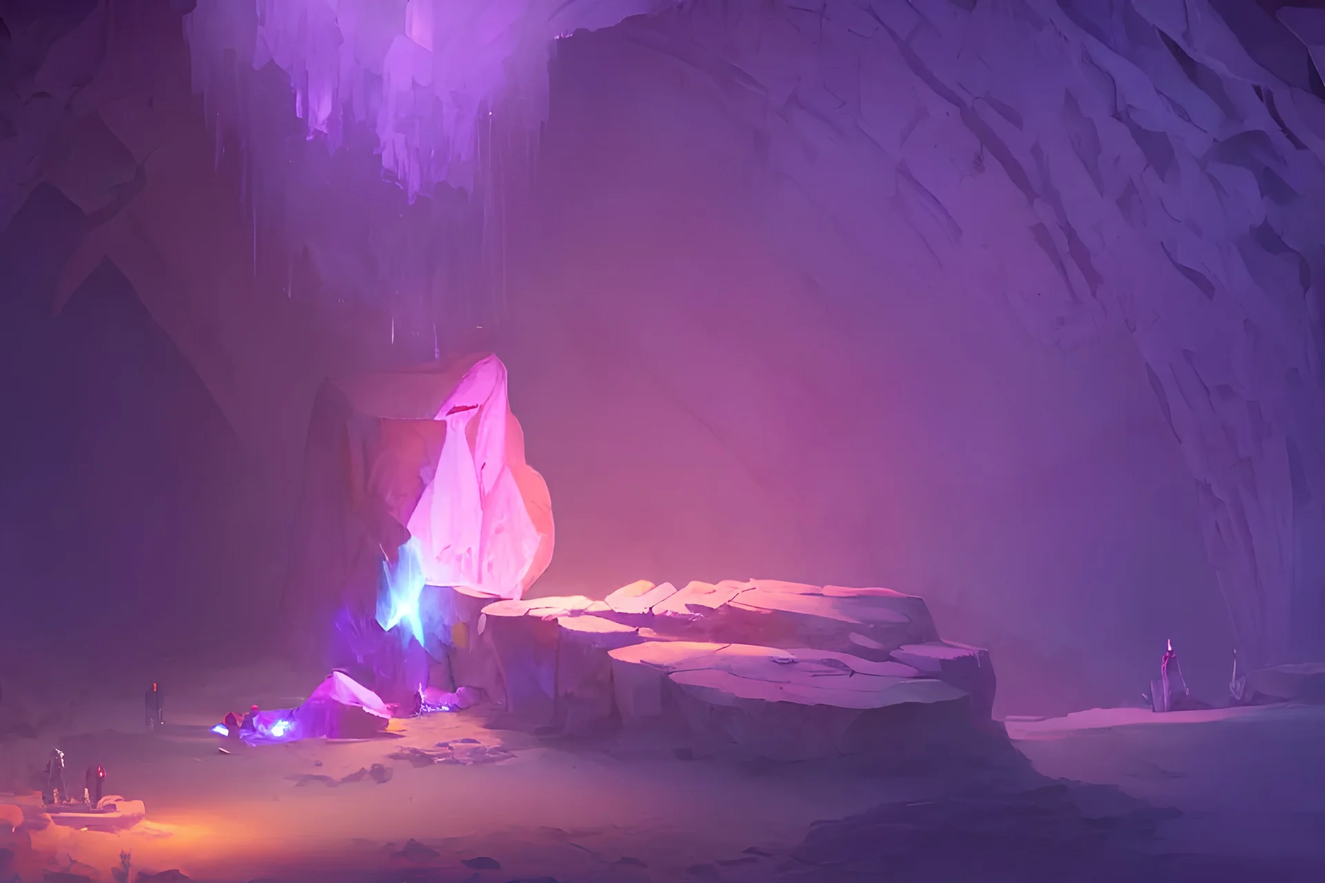 A large glowing purple crystal gem in the middle of a large cave only lit by the crystal, by Greg Rutkowski, long shot, trending on artstation