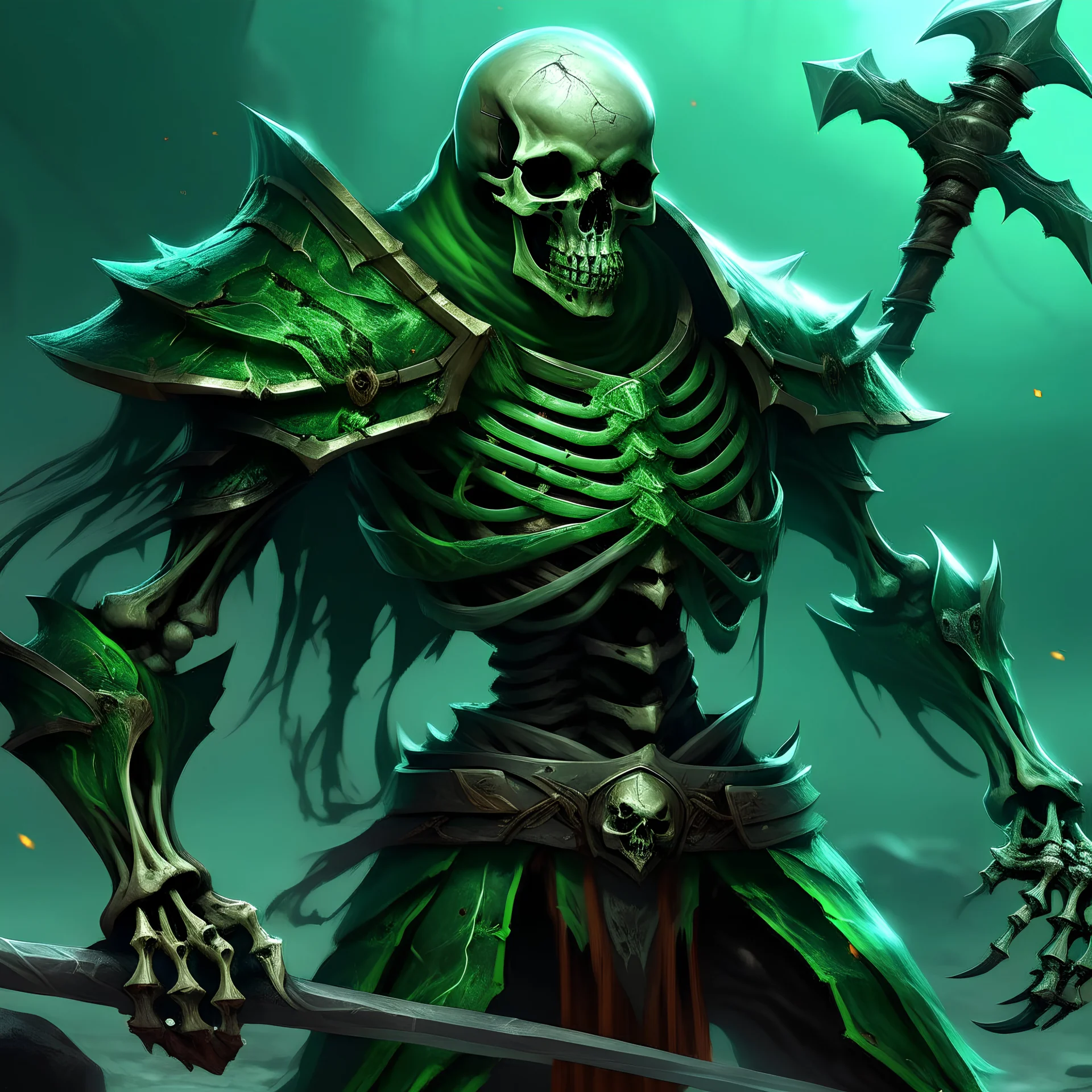 Green skeleton gravekeeper, heavy armour, legendary boss from a game, realistic, dangerous