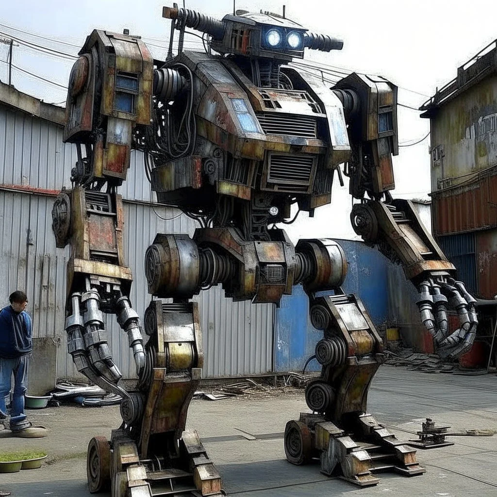 trash mech suit, human-sized, made of scrap metal