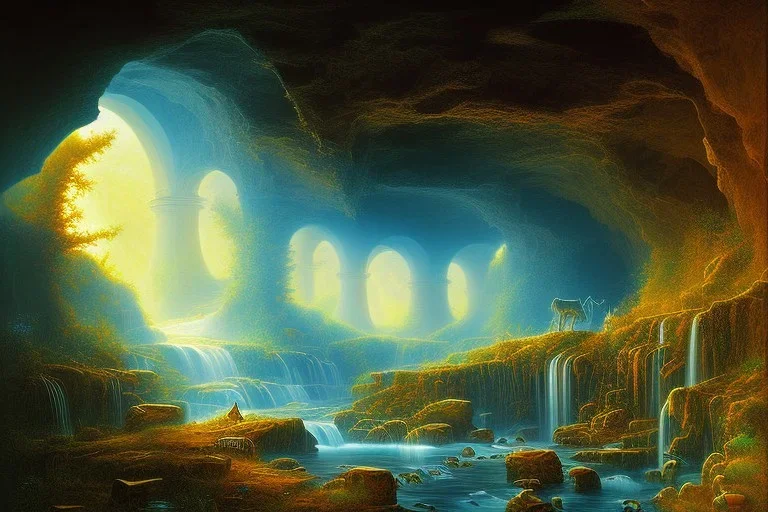 Neo-Impressionist cave, Pre-Historic, Fine Art, high quality, fine detail, moody,