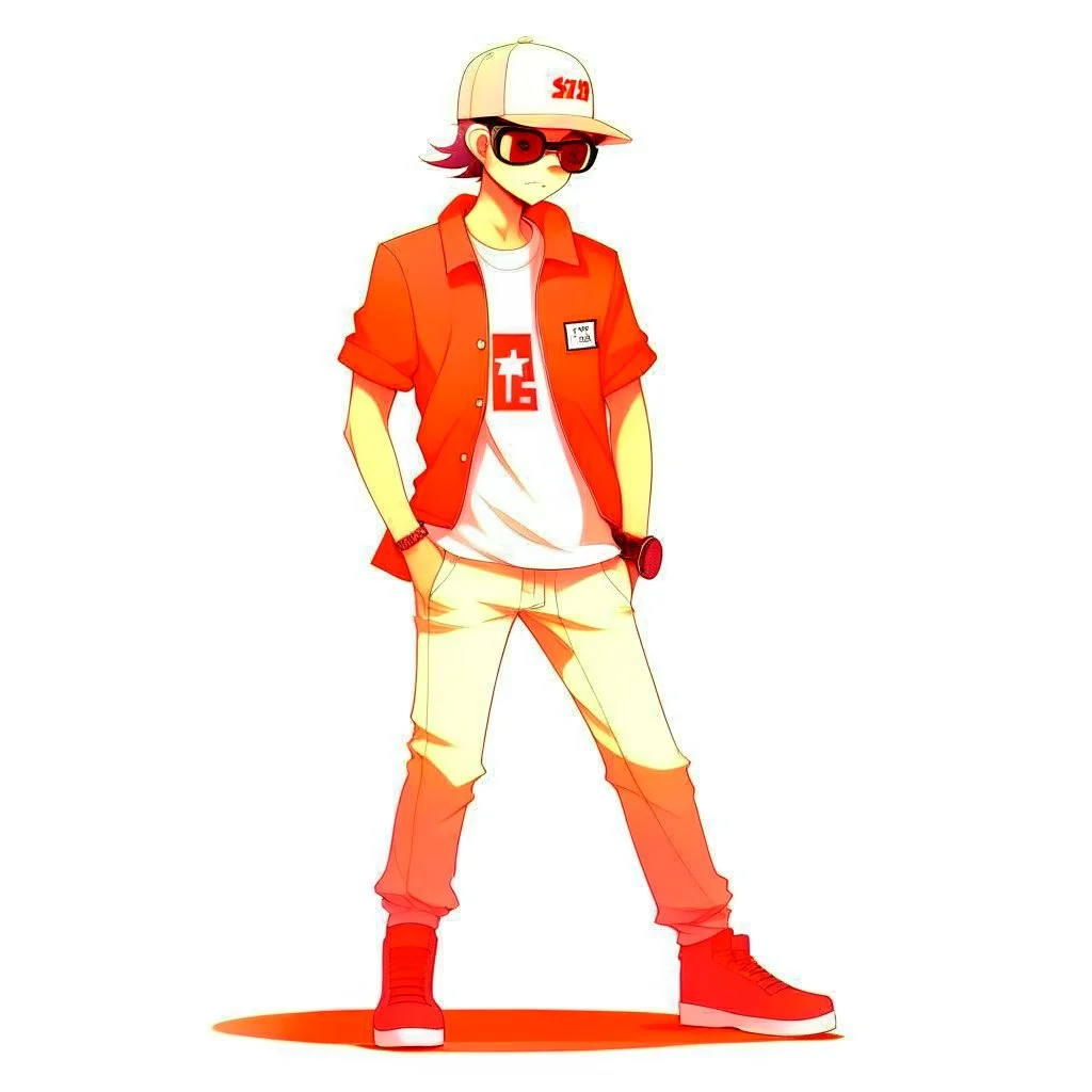 <lora:xuehua:1>,xh,1boy,solo,male focus,hat,simple background,shirt,baseball cap,white footwear,pants,shoes,mask,sunglasses,standing,full body,short sleeves,white shirt,red headwear,red background,brown pants