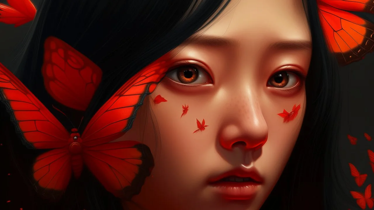 Extreme close-up portrait of a 27-year-old Asian woman with long black hair and red ribbon, a small orange butterfly resting on her eyelashes while she looks at the camera, highly detailed skin, soft dark background, realistic digital illustration style.