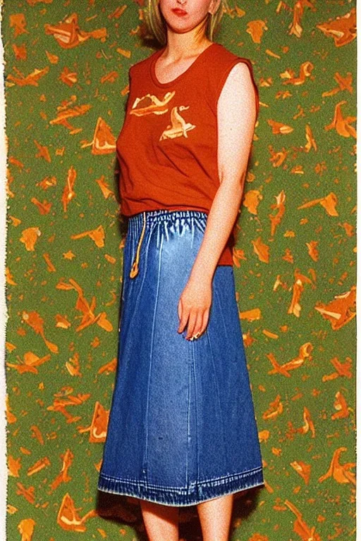 year 1996 denim fashion. Loose skirt, low waist. Combat t-shirt. Colors: denim blue, blue, purple, cream, khaki, light green, lilac, plum, orange, terracotta, red, light yellow, pink, dark blue, beige. Latex in small part. Something between Sturnus vulgaris pattern and lynx lynx prints.. bridget jones and jennifer lopez. Hoodie.