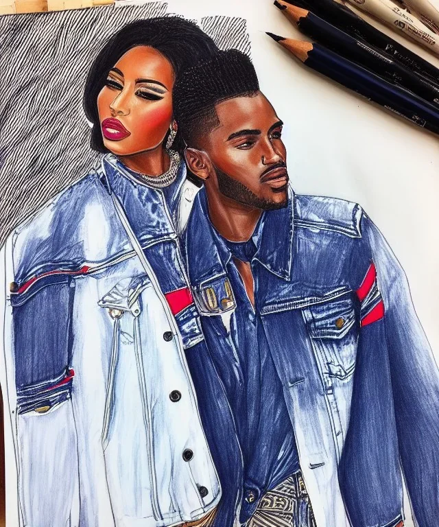 Fashion illustration, fashion drawing, Croquis, Hussein Suleiman, Jefferson Osei, Abderrahmane Trabsini, mudcloth denim jacket, kente cloth, jeans, flare leg, African American model