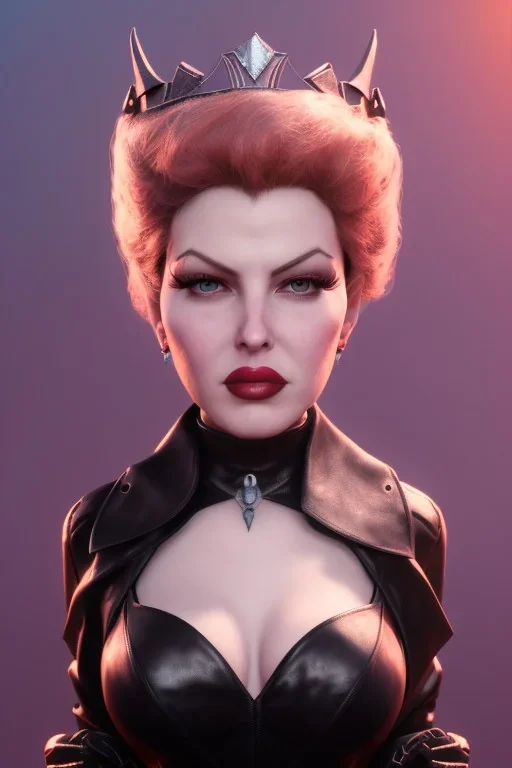 Lana Turner as evil queen in black leather, leather, busty, cleavage, angry, stern look. character design by cory loftis, fenghua zhong, ryohei hase, ismail inceoglu and ruan jia. unreal engine 5, artistic lighting, highly detailed, photorealistic, fantasy