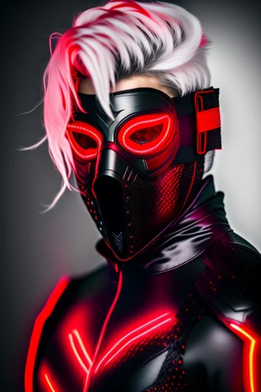 glowing Red eyes, mask, Male, portrait, Dark tactical suit, white hair