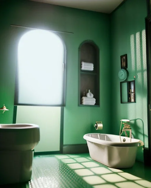 Bathroom scene, big hair monster into bath, Wes Anderson style, realistic photo, realistic image, concept art, smooth, unreal engine 5, god lights, ray tracing, RTX, lumen lighting, ultra detail, volumetric lighting, 3d.