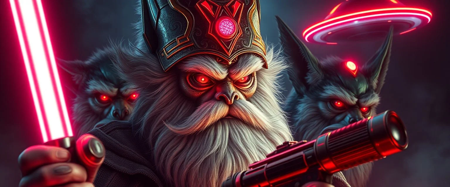 volume fog light, hyper real close up on fluffy beard faces of rock alien cricket raven wolf priest gremlin man general with hi tech transcendent lazer plasma blaster scepter arsenal from pluto hell, guarding bridge up to space saucer neon plastic transparent