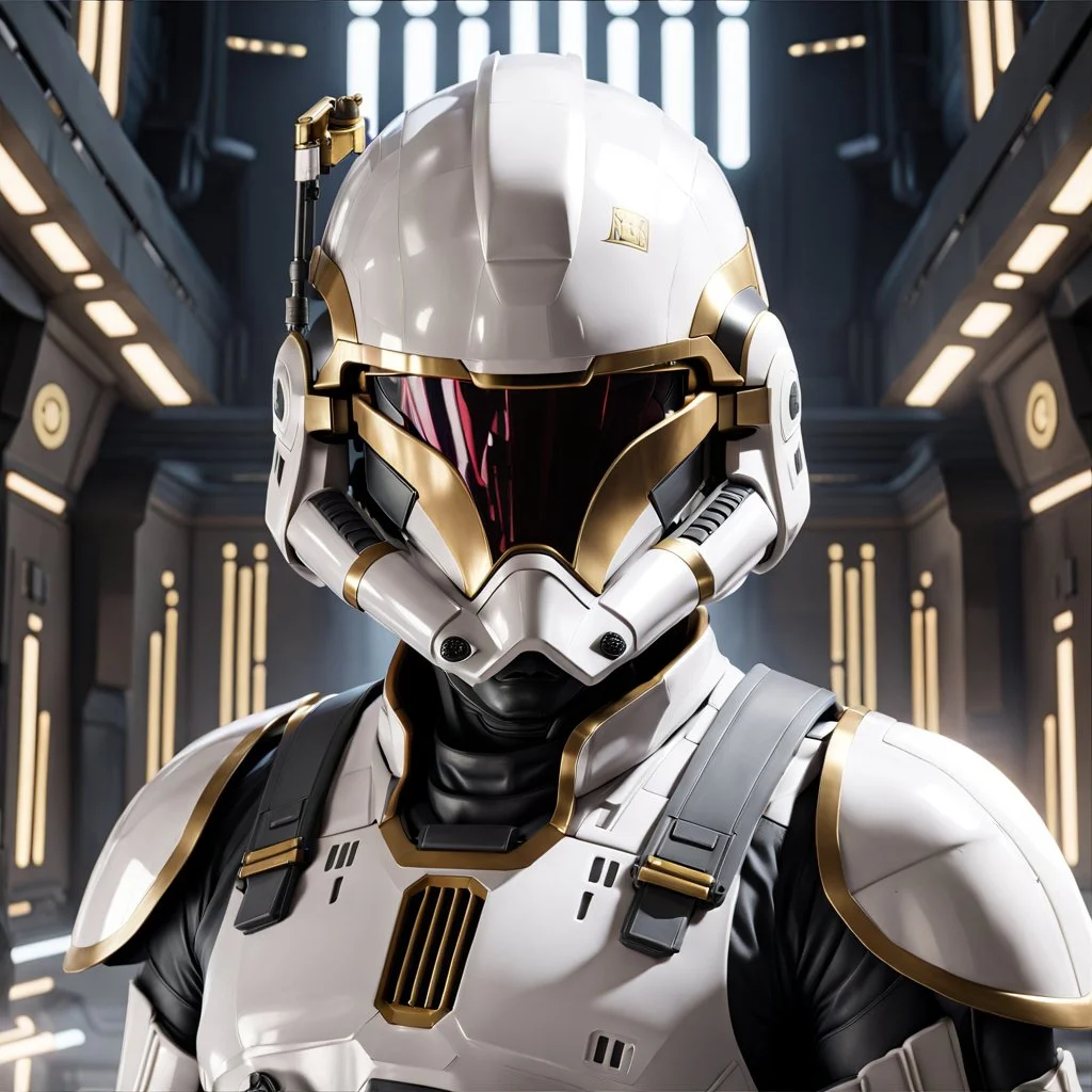 star wars bald male corellian pilot wearing pearlescent black and gunmetal grey First Order special forces heavy assault armor and helmet with gold trim inside the jedi temple, centered portrait, hyperdetailed, dynamic lighting, hyperdetailed background, 8k resolution, volumetric lighting, light skin, fully symmetric details