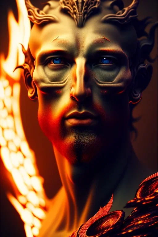 portrait photography of an ethereal beautiful animal god, Fire theme art, Dark moody night atmosphere, Portrait of a man by Michelangelo, 8K, close-up face, anatomically perfect face, oak tree roots, ignore NSFW