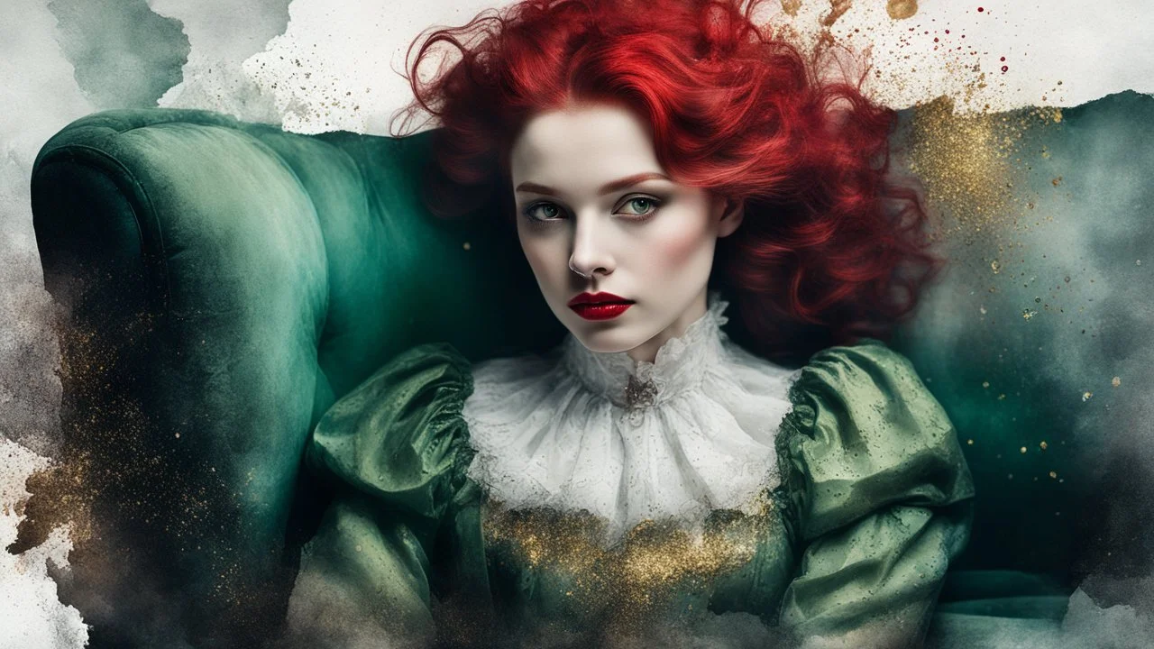 mixed media, multiple exposure, old worn torn plain canvas, grunge, layered, embossed, fine art luminous soft watercolor, glitter, mid-ground, luminosity, highlights, gold fragments, light effects, dark grey-green fragments, dot technique, portrait of Victorian Gothic woman on SOFA, Red hair, light Red lips, fluffiness, wind, airy dark GREEN flowing dress, Fur, swirls, layered, blending, textured, 3D, 8K, best quality, fine rendering, high detail, hyperrealism, high resolution, high definition,