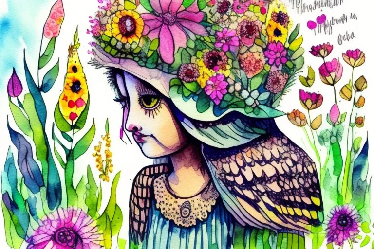 thankful praying owl girl in flowergarden in sunshine, watercolor and ink