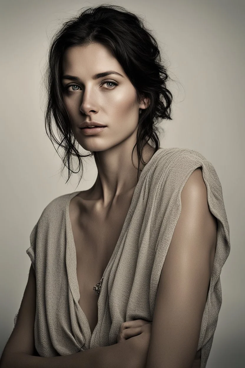 Stunning natural true colors professional photography on white background showing incredibly beautiful 32-year-old European woman. (She has white skin, tousled black hair, pretty face without makeup, big round brown eyes, cute profiled nose, detailed full lips.) (She's not wearing earrings, necklaces, jewelry or body accessories.) (Show the womans face within the boundaries of the photo. )) (((realistic skin tones, skin texture)