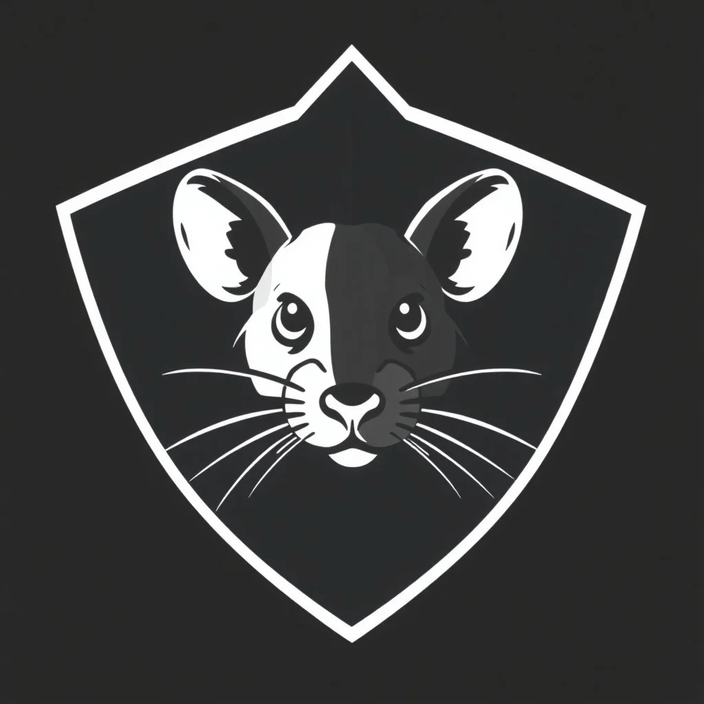 simplified rat's face on front of a triangular shield shape, vector(black white and gray)