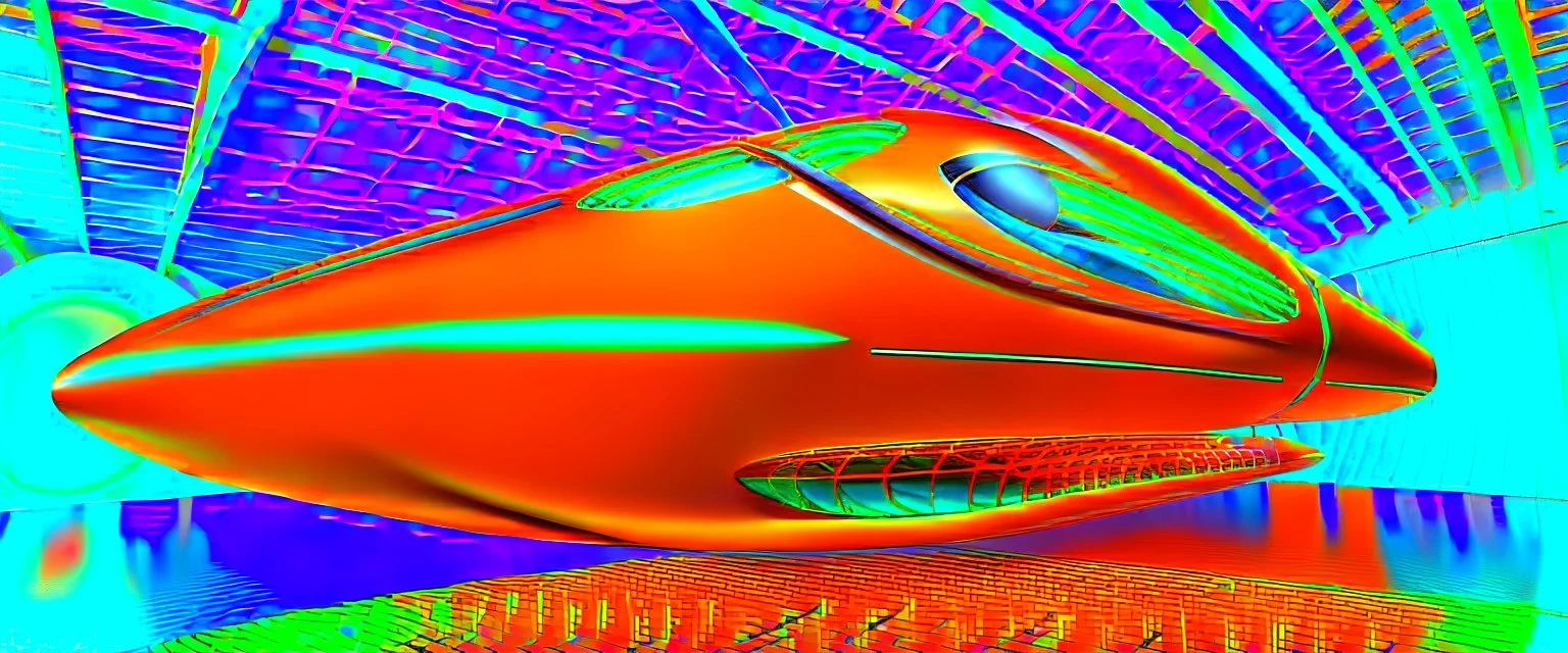 award winning car and driver photograph of a futuristic station wagon dirigible hybrid designed by only one vehicle per image painted metallic orange traveling at a high rate of speed, jet intake off of front center of vehicle and jet exhaust out the rear with bright blue flame, bilaterally symetrical, more a high speed road vehicle