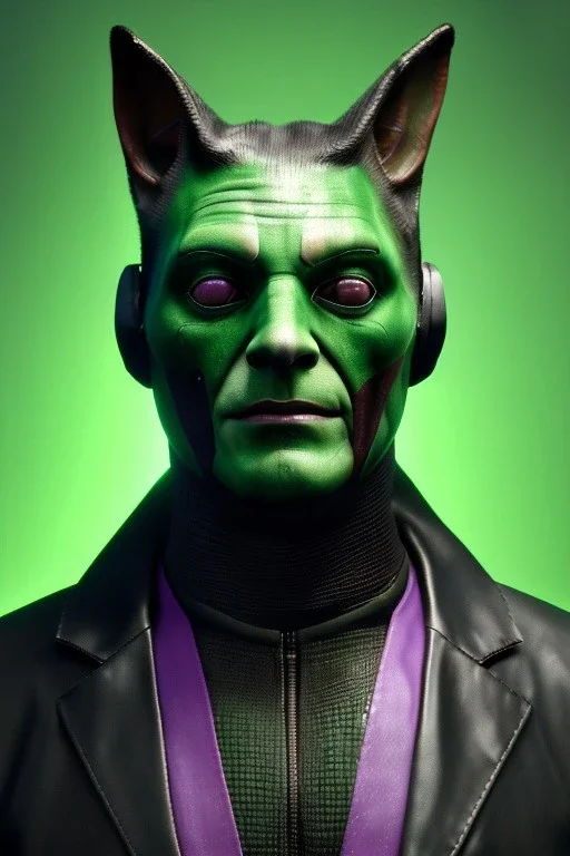 Medium Close Up Portrait, Front image. cyberpunk, rabbit mask helmet, strong man, green hair. latex suit. Purple, green, color. Joker style. Color background, photo studio. Avatar image, highly detailed, concept art, smooth, unreal engine 5, ray tracing, RTX, lumen lighting, ultra detail, volumetric lighting, 3d, finely drawn, high definition, high resolution.