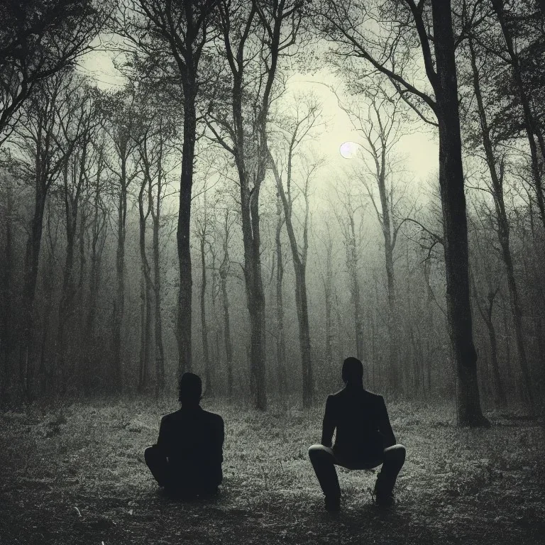 foto de costas, homem solitário na floresta, sentado no chão, noite lua cheia