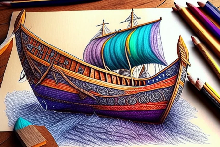 Viking boat drawing with colored pencil, Ultra realisic, Ultra detailed, Very professional drawing, Art, colorfull, vikings, old