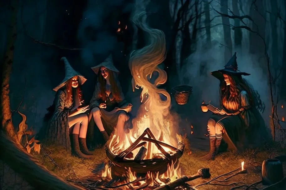 witches around a campfire in the woods