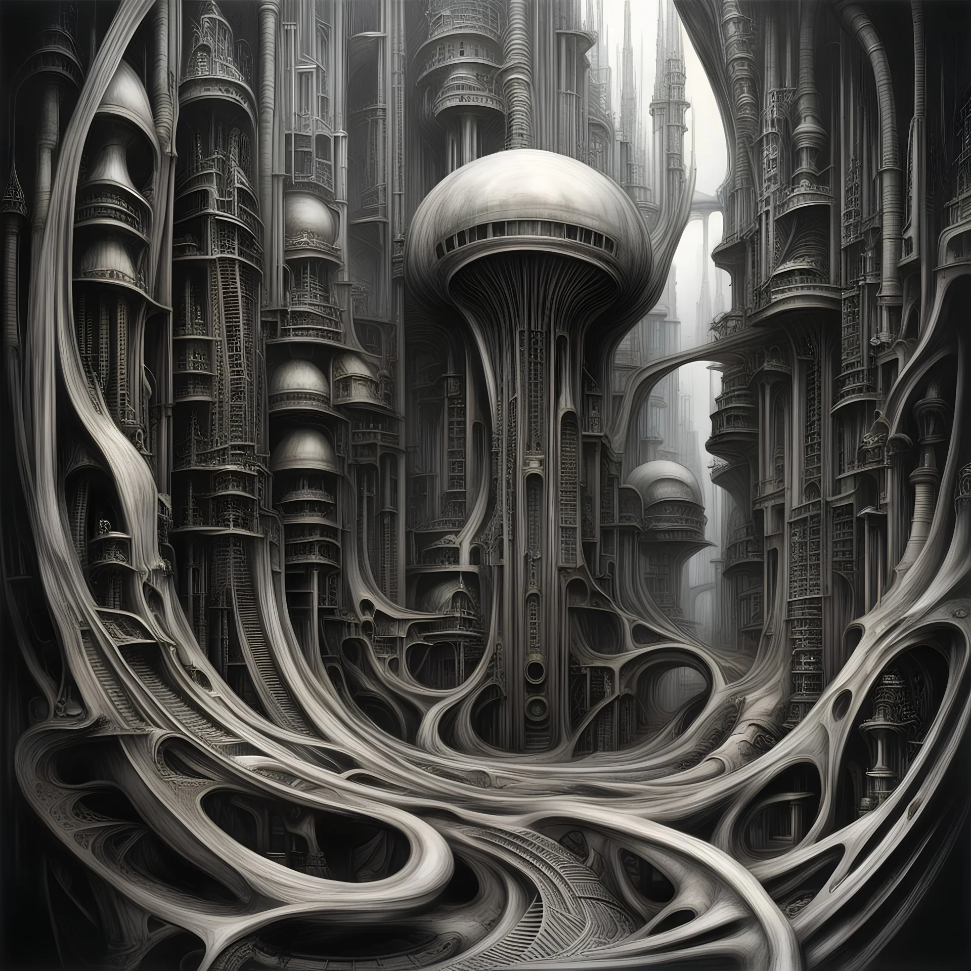 HR Giger's biomechanical cities are vast, intricate, and hauntingly beautiful landscapes that combine elements of organic and mechanical design. These cities feature towering buildings and structures that appear to be seamlessly integrated with the surrounding natural environment, creating a surreal and otherworldly aesthetic. The structures themselves are often composed of a complex network of tubes, cables, and other mechanical components, giving the impression that the entire city is a living