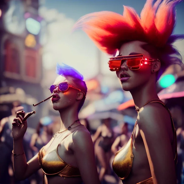 Ultra Realistic photo, medium shot view, women, carnival scene, futuristic steampunk. hair monster, Drunken, Sunglasses, smoking, happy, hot. Cabaret background, highly detailed, concept art, unreal engine 5, ray tracing, RTX, lumen lighting, ultra detail, volumetric lighting, 3d, finely drawn, high definition, high resolution.