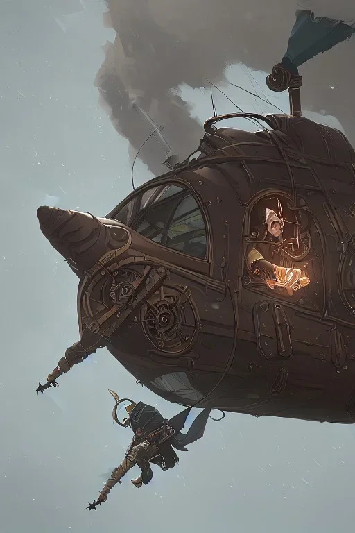 mad pilot in a steampunk airship during a storm