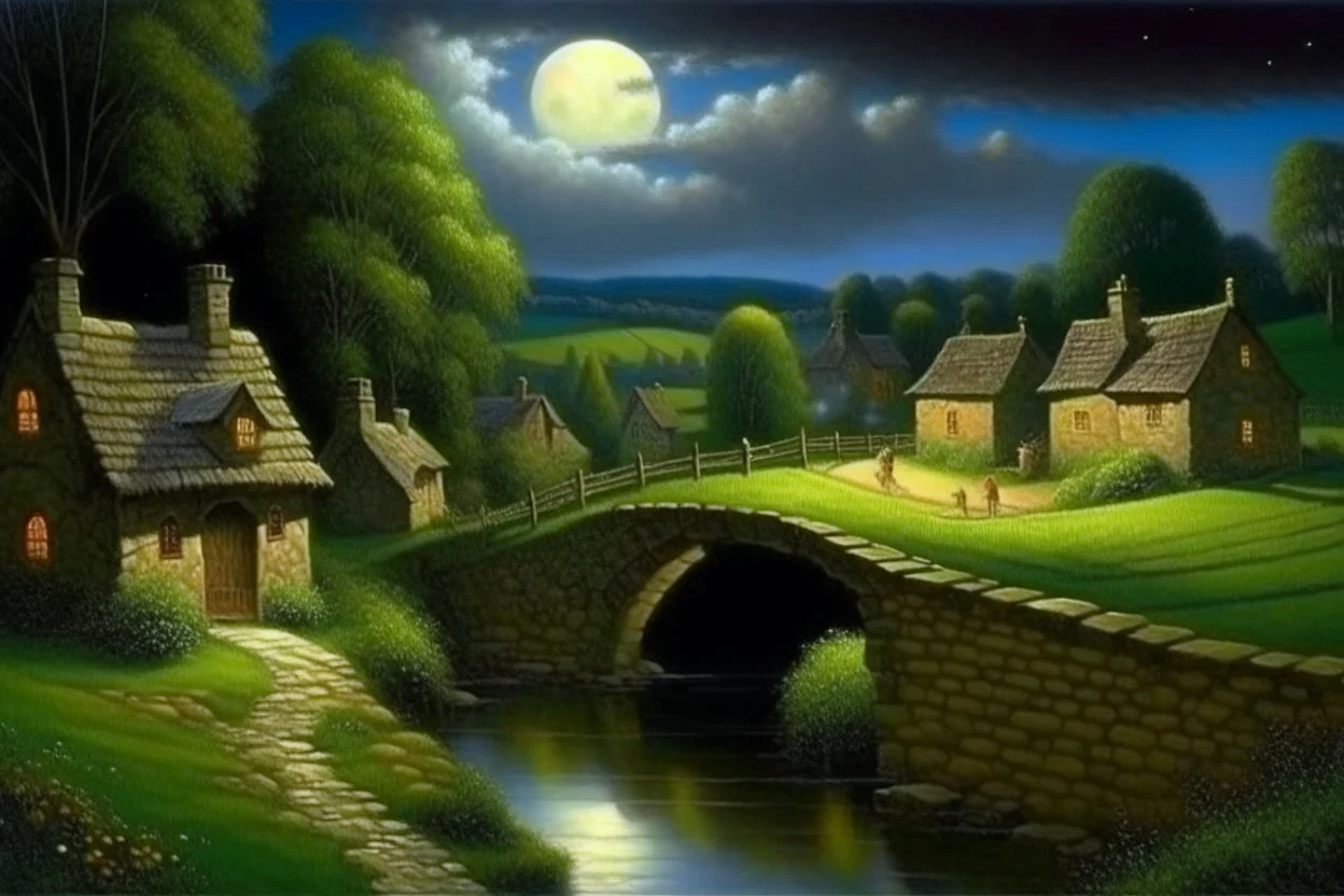 A Cotswold village, a brook, a bridge, Full moon, beautiful celestial sky, Milky Way, hyper-detailed art by Ivan Kramskoi. elegant intricate oil on canvas beautiful high detail award winning fantastic view crisp quality hdr