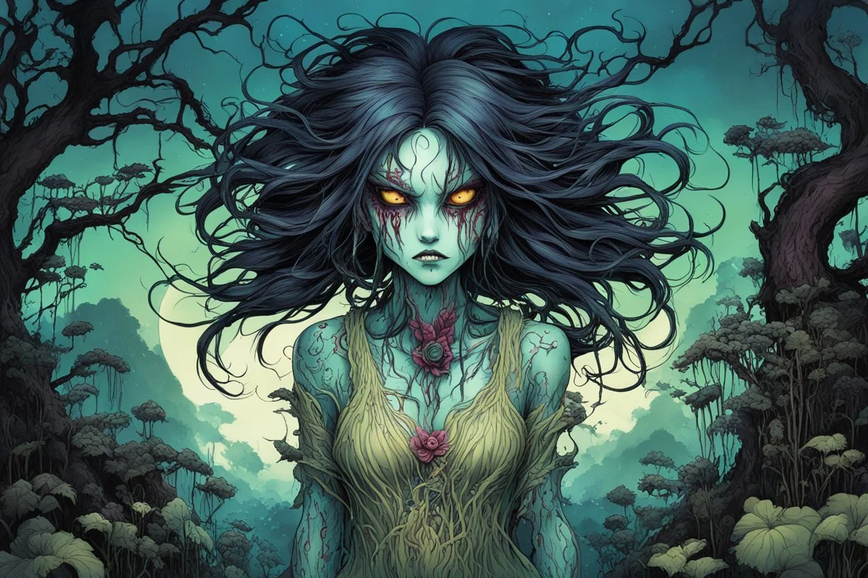 full color, full body illustration of a haggard and malevolent Harionago yokai "Barbed Woman" with wild, highly detailed dark hair and slim, narrow facial features, in a haunted Chaniwa garden, pierced by shafts of moonlight , art in the style of Alex Pardee, spirited away, studio ghibli, , 8k , finely detailed and precise line work, soft gauzy pastel colors