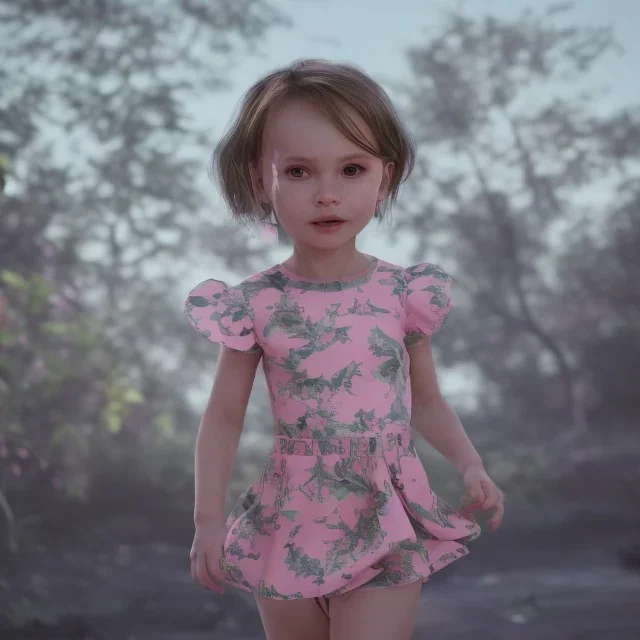 Lilly rose depp toddler, full body, floral clothes, dynamic pose, tokio background, dramatic lighting, hyper realistic, unreal engine, 8k, upscale