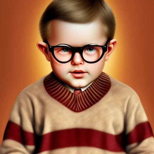 Peter Billingsley chubby kid Tortoise-shell glasses, holding A ((dark red soap bar)) in his hand, brown argyleS sweater