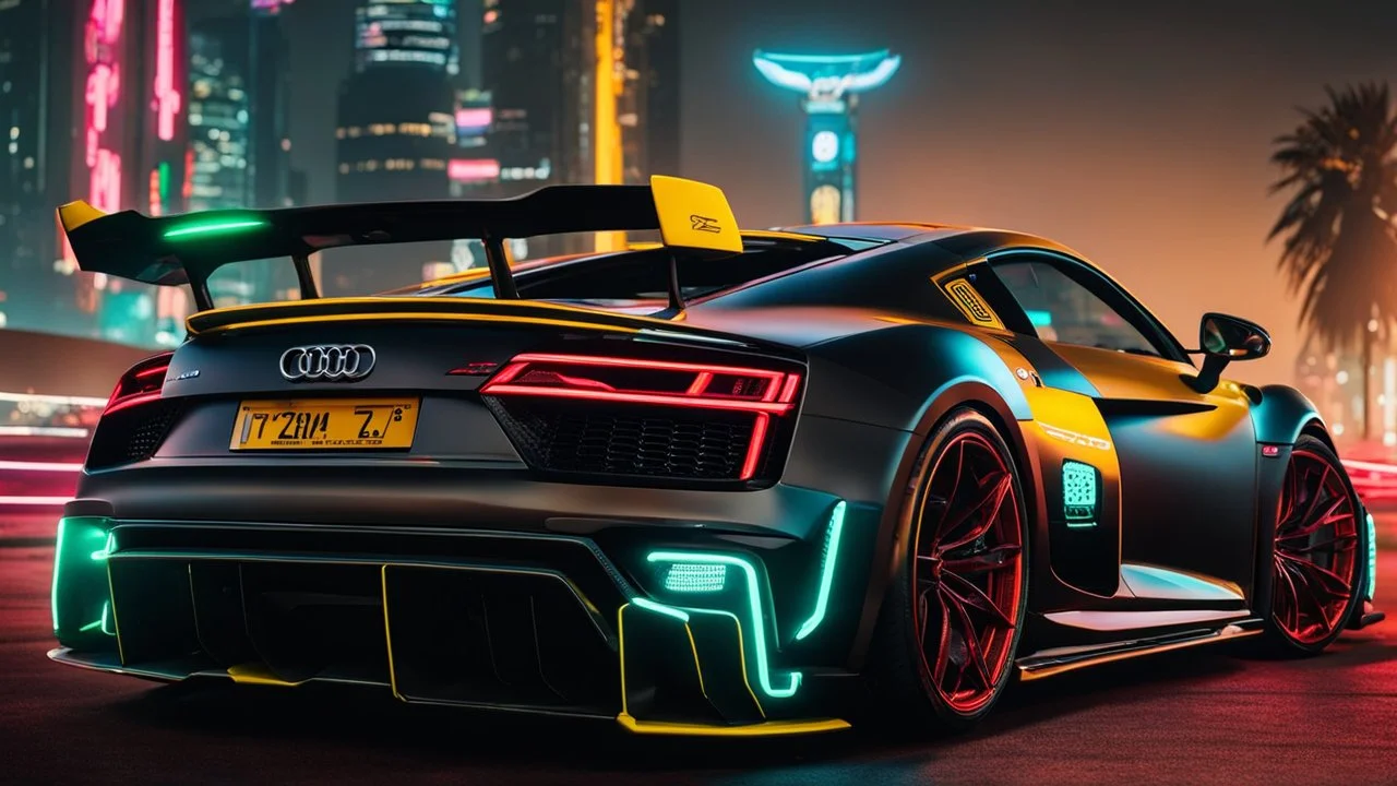 Audi R8's ultimate need for speed tuning Mansory Cyberpunk 2077 neon Style Rear View, Super Detailed, desktop wallpaper, 4K