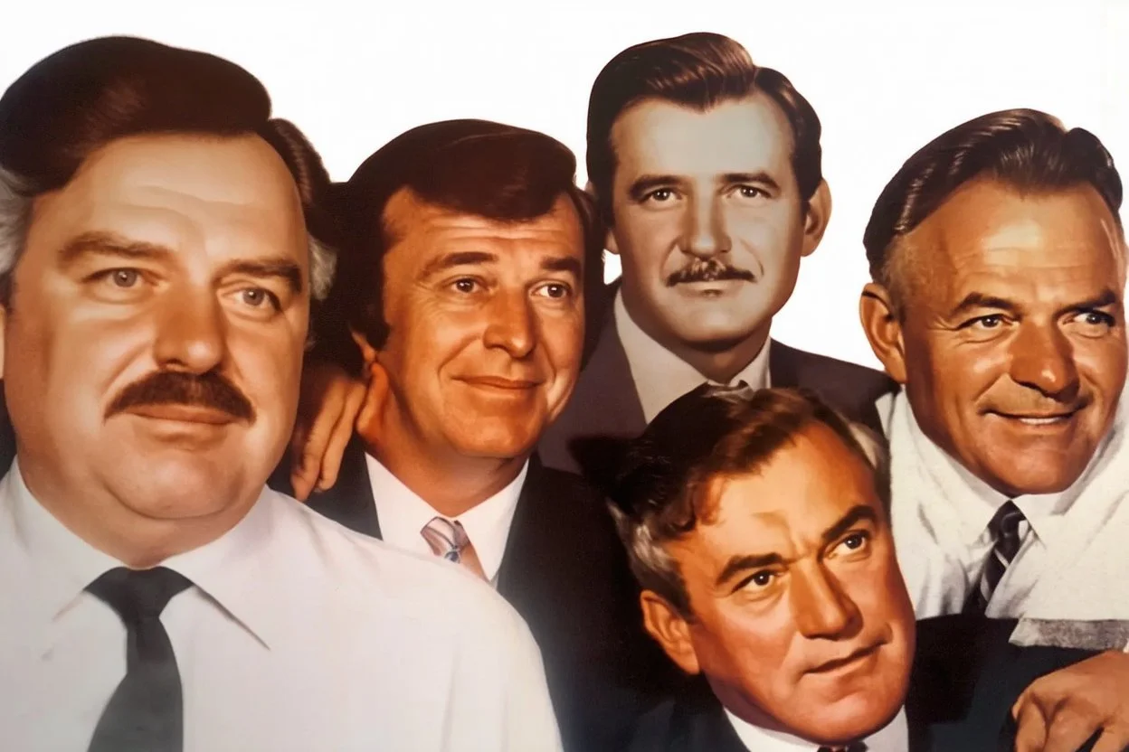 a photo of 5 men in their 30s, antique photo, add background