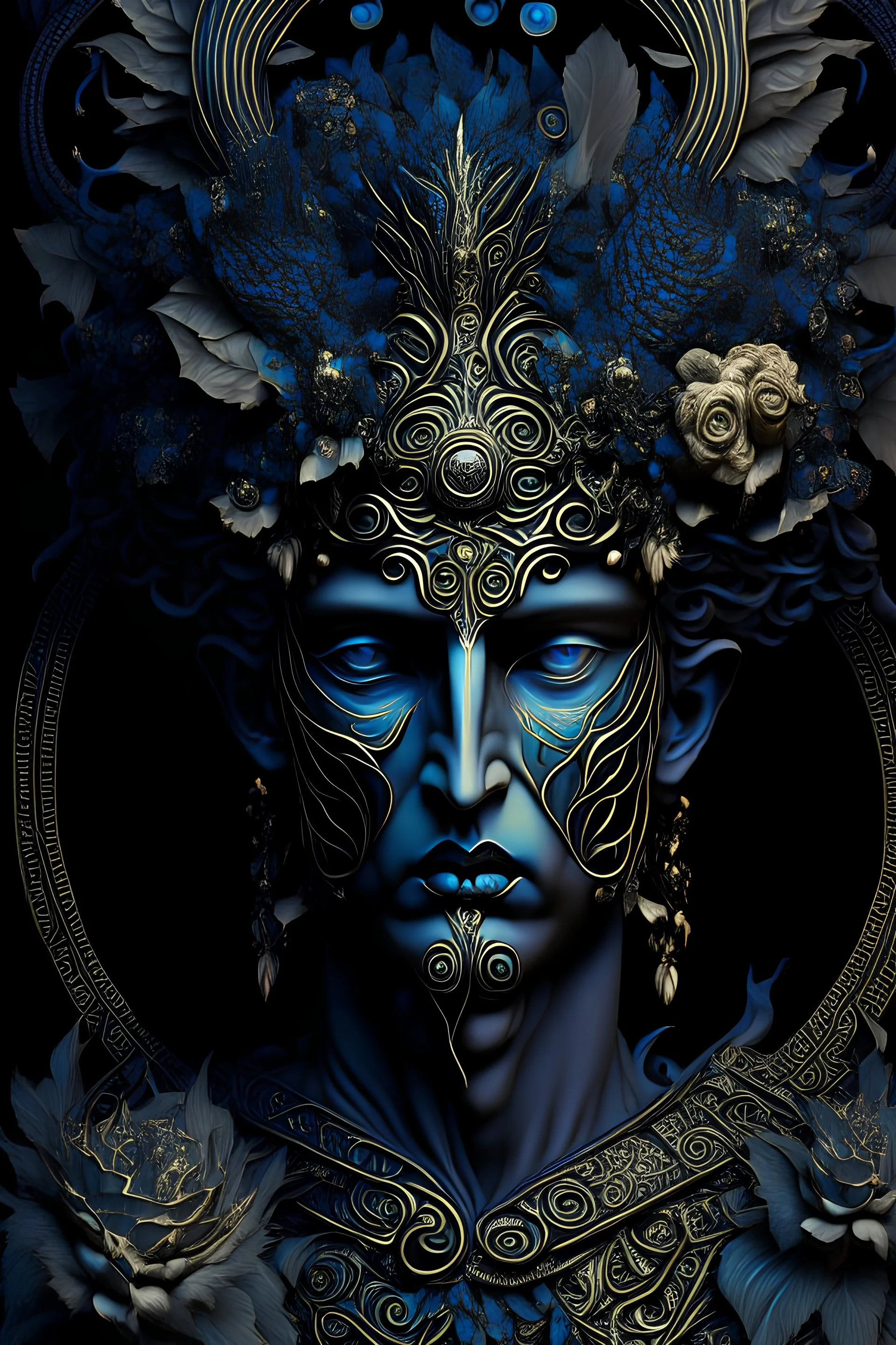 Mytological decadent greek Göd, Hades portait, adorned with greek. Mytological techno shamanism dark dekadent goth deity floral. Headress wearing mytological greek decadent Göd Hades costume organic bio spinal ribbed detail of greek floral brocade background filigree moonlight extremely detailed hyperrealistic portrait