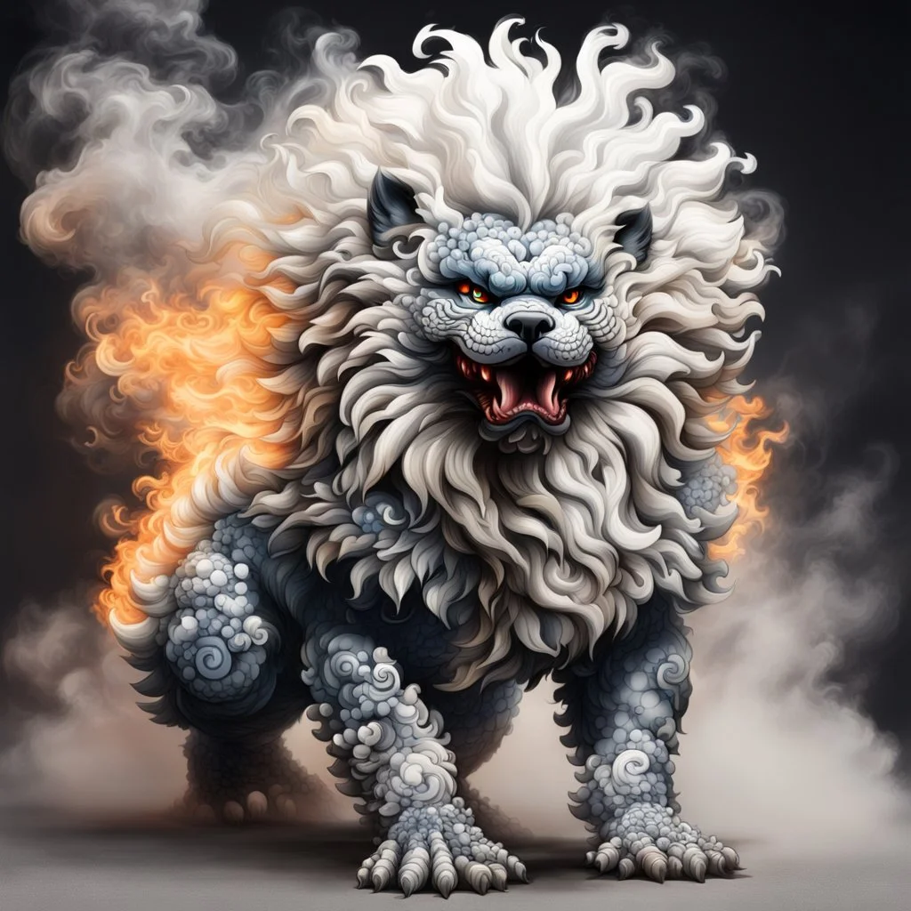 foo dog with curly white fur, smokey breath and fire,, spikes along back, a long tail, moving forward towards viewer, wrapped in smoke