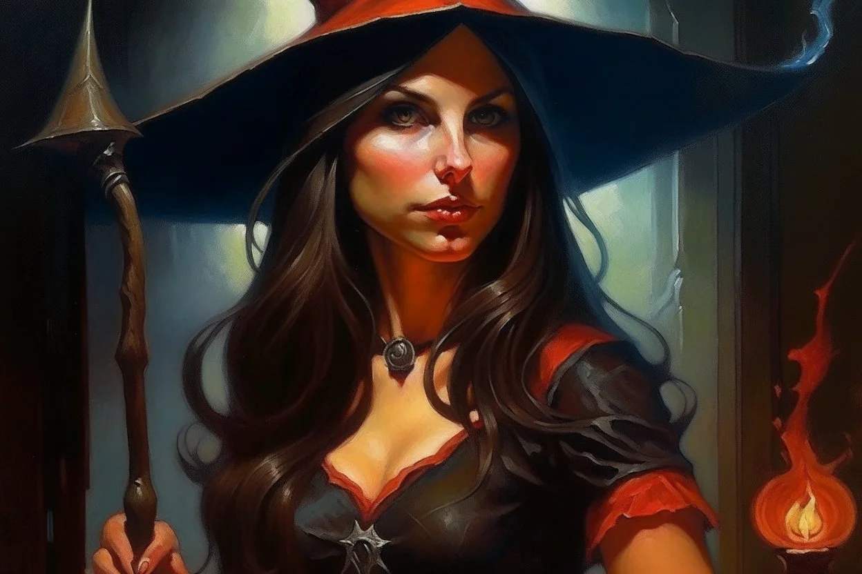 1970's sexy dark medieval fantasy cover dnd style oil painting of a pinup abella danger witch in a minimalist far perspective.