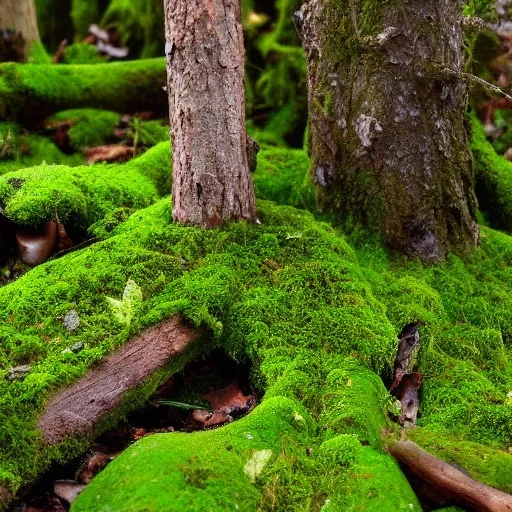 Fallen log on a forest floor covered with mushrooms and moss,highly detailed,hyperrealism