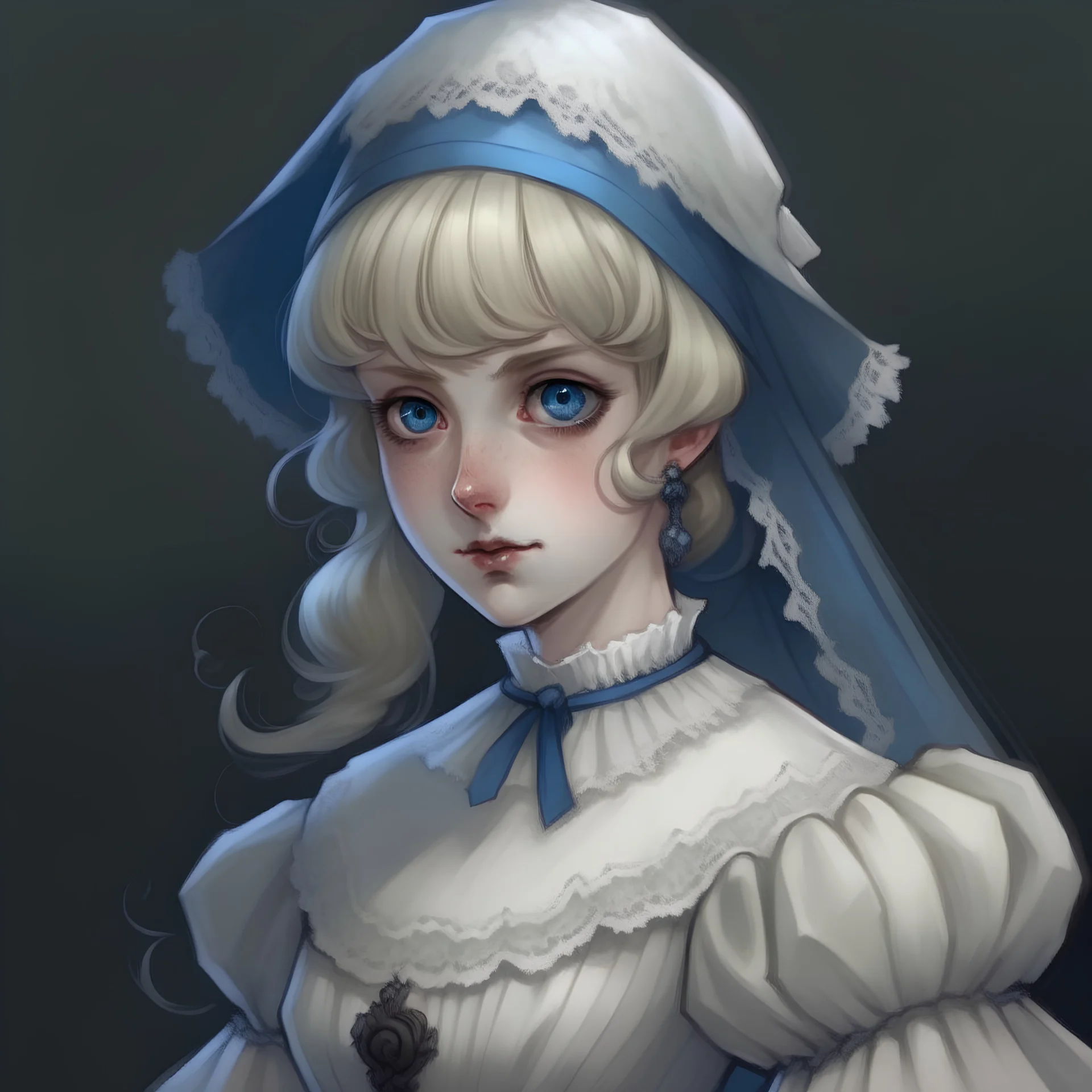 Berserk style of a 14 old girl with blonde knee-length hair, blue eyes, with heavy eye bags, in a white Victorian gown and a white laced veil on top of her head.