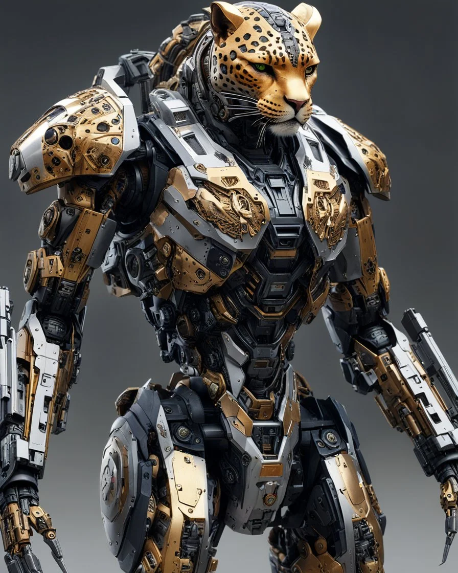 Realistic Leopard cyborg mecha, high detail, no shading, high detail, no shadows, clean line art, Clyde Caldwell style, 8K quality, masterpiece, photo style, sharp photography, highly detailed and realistic, full body length, centered image