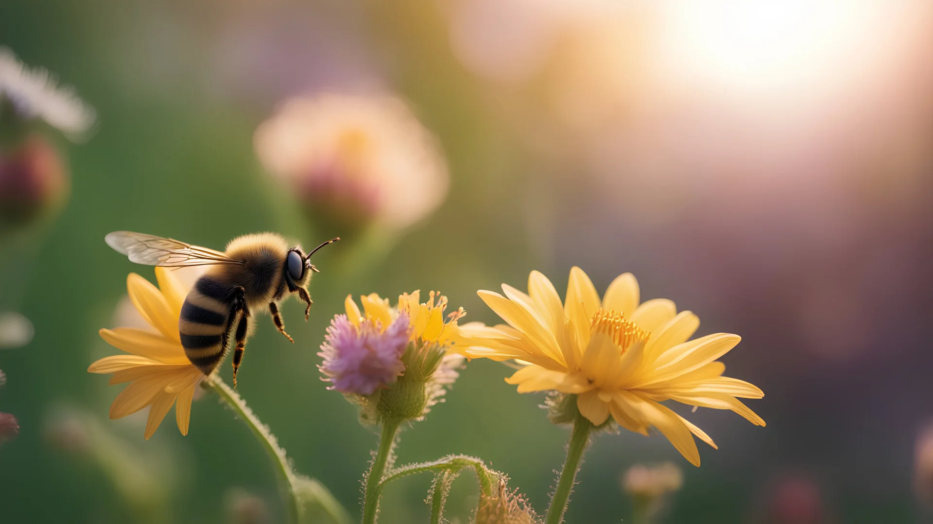 flowers in my garden, bee comes to find food. High resolution (4K or 8K), Golden hour light, Detailed textures